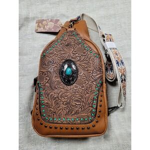 Sam & Hadley Western Embossed Sling Bag Turquoise Concho Tan Faux Leather NEW